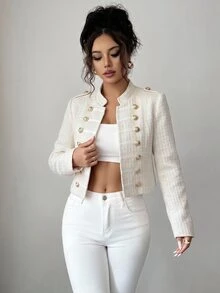 Selianne 女款秋冬復古宮廷風白色小立領肩飾裝飾雙排扣金屬鈕扣修身顯瘦通勤百搭夾克 - 白色 - 查看 6