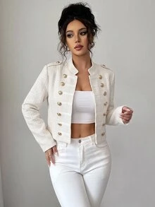 Selianne 女款秋冬復古宮廷風白色小立領肩飾裝飾雙排扣金屬鈕扣修身顯瘦通勤百搭夾克 - 白色 - 查看 3
