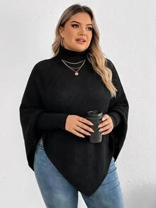 SHEIN CURVE+ Women Plus Size Pullover Turtleneck Batwing Sleeve Solid Color Sweater - Black - View 1