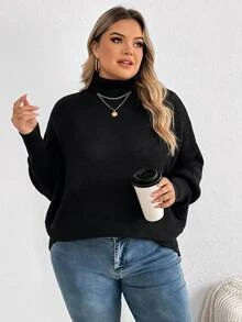 SHEIN CURVE+ Women Plus Size Pullover Turtleneck Batwing Sleeve Solid Color Sweater - Black - View 7