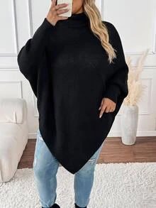 SHEIN CURVE+ Women Plus Size Pullover Turtleneck Batwing Sleeve Solid Color Sweater - Black - View 3
