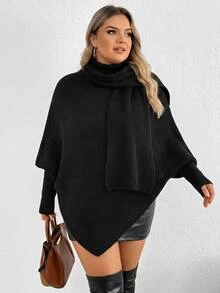 SHEIN CURVE+ Women Plus Size Pullover Turtleneck Batwing Sleeve Solid Color Sweater - Black - View 4