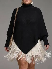 SHEIN CURVE+ Women Plus Size Pullover Turtleneck Batwing Sleeve Solid Color Sweater - Black - View 5