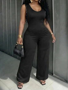 Veslaya Plus Size Women's Backless Maxi Dress, Sleeveless Studded Decor Solid Color Loose Casual Sexy Formal Elegant Evening Party Rave Cocktail Black Summer - Black - View 11