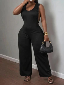 Veslaya Plus Size Women's Backless Maxi Dress, Sleeveless Studded Decor Solid Color Loose Casual Sexy Formal Elegant Evening Party Rave Cocktail Black Summer - Black - View 10