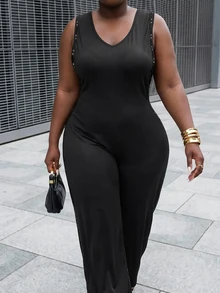Veslaya Plus Size Women's Backless Maxi Dress, Sleeveless Studded Decor Solid Color Loose Casual Sexy Formal Elegant Evening Party Rave Cocktail Black Summer - Black - View 9