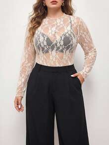 Maija Top sexy moulant en dentelle transparente à manches longues pour femmes grandes tailles, t-shirt décontracté à col rond abricot/beige, Top élégant pour le printemps/l'automne - Nude - Voir 4