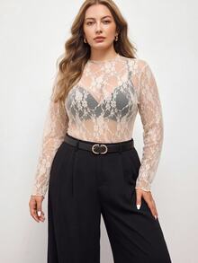 Maija Top sexy moulant en dentelle transparente à manches longues pour femmes grandes tailles, t-shirt décontracté à col rond abricot/beige, Top élégant pour le printemps/l'automne - Nude - Voir 3