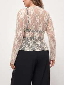 Maija Top sexy moulant en dentelle transparente à manches longues pour femmes grandes tailles, t-shirt décontracté à col rond abricot/beige, Top élégant pour le printemps/l'automne - Nude - Voir 7