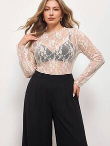 Maija Top sexy moulant en dentelle transparente à manches longues pour femmes grandes tailles, t-shirt décontracté à col rond abricot/beige, Top élégant pour le printemps/l'automne - Nude - Voir 5