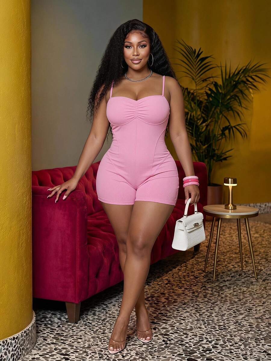 Veslaya Plus Size Women Romper,Pastel Pink,Summer,Casual,Night Out Club Bodycon Sleeveless Ruched Bust Ribbed Fabric Y2K Streetwear Music Festival - Pink - View 1