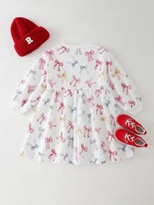 THE HAPPY LOOK Young Girl Bow Knit Soft Round Neck Long Sleeve Waist Cinched Dress - Multicolor - View 2