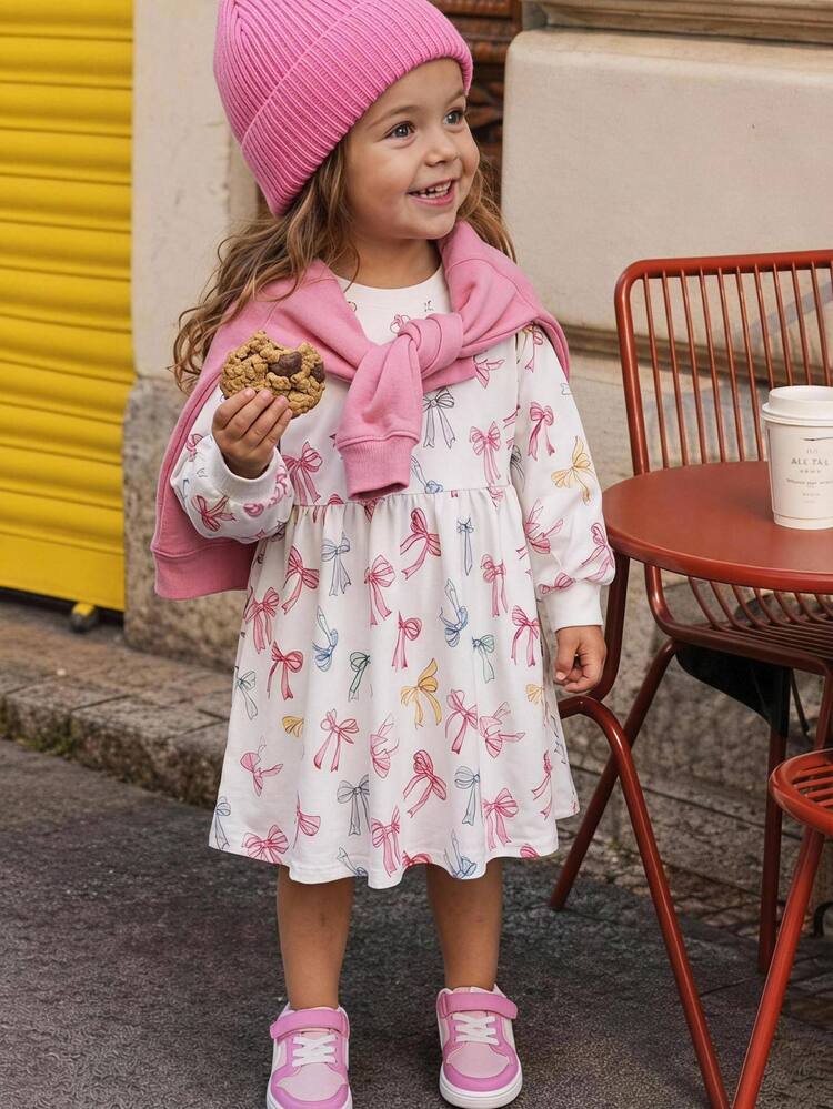 THE HAPPY LOOK Young Girl Bow Knit Soft Round Neck Long Sleeve Waist Cinched Dress - Multicolor - View 1