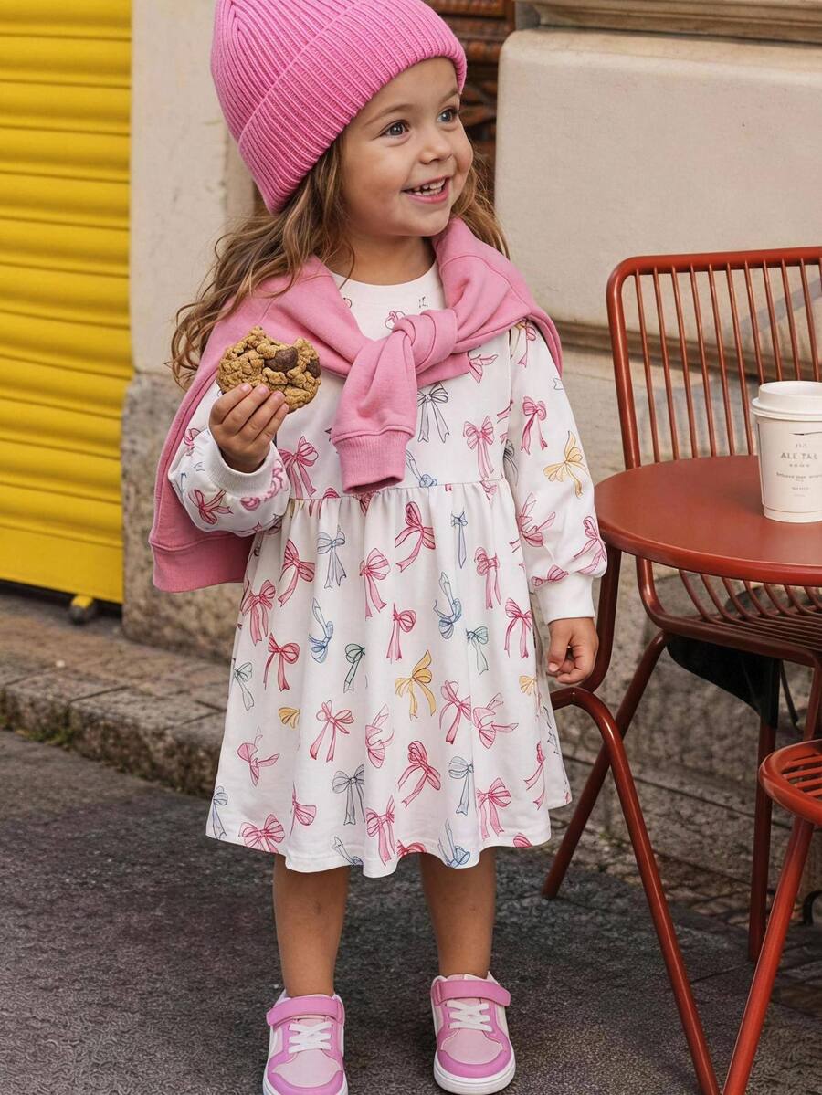 THE HAPPY LOOK Young Girl Bow Knit Soft Round Neck Long Sleeve Waist Cinched Dress - Multicolor - View 1