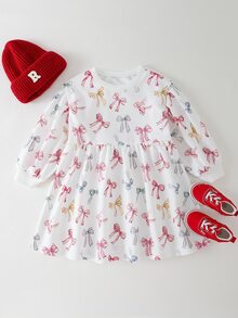 THE HAPPY LOOK Young Girl Bow Knit Soft Round Neck Long Sleeve Waist Cinched Dress - Multicolor - View 3