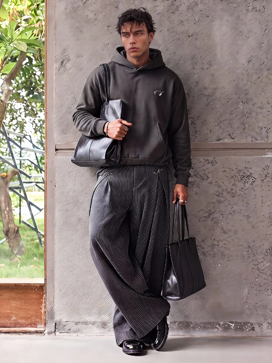 ESTAVOR Men's Casual Black Loose Fit Pullover Hoodie With Embroidered, Spring/Autumn, Going Out Streetwear, Vintage Y2K Baggy Sweatshirt, For Holiday - Dark Grey - View 1