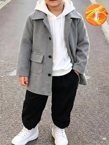 SHEIN 男童羊毛混紡休閒時尚翻領口袋夾克，適合日常外出、上學及各種場合，男童外套，秋冬外衣 - 灰色 - 查看 2