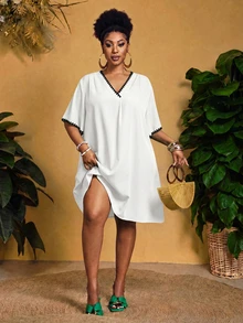 Veslaya Plus Size Women's V-Neck Colorblock Casual Everyday Dress - White - View 3