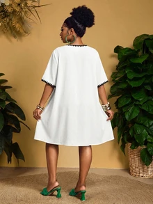 Veslaya Plus Size Women's V-Neck Colorblock Casual Everyday Dress - White - View 2