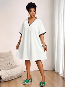 Veslaya Plus Size Women's V-Neck Colorblock Casual Everyday Dress - White - View 4