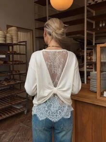 Serisse Women's Elegant Lace Back Drop Shoulder Long Sleeve Sweater - Apricot - View 6
