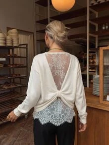 Serisse Women's Elegant Lace Back Drop Shoulder Long Sleeve Sweater - Apricot - View 7