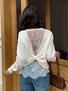 Serisse Women's Elegant Lace Back Drop Shoulder Long Sleeve Sweater - Apricot - View 5