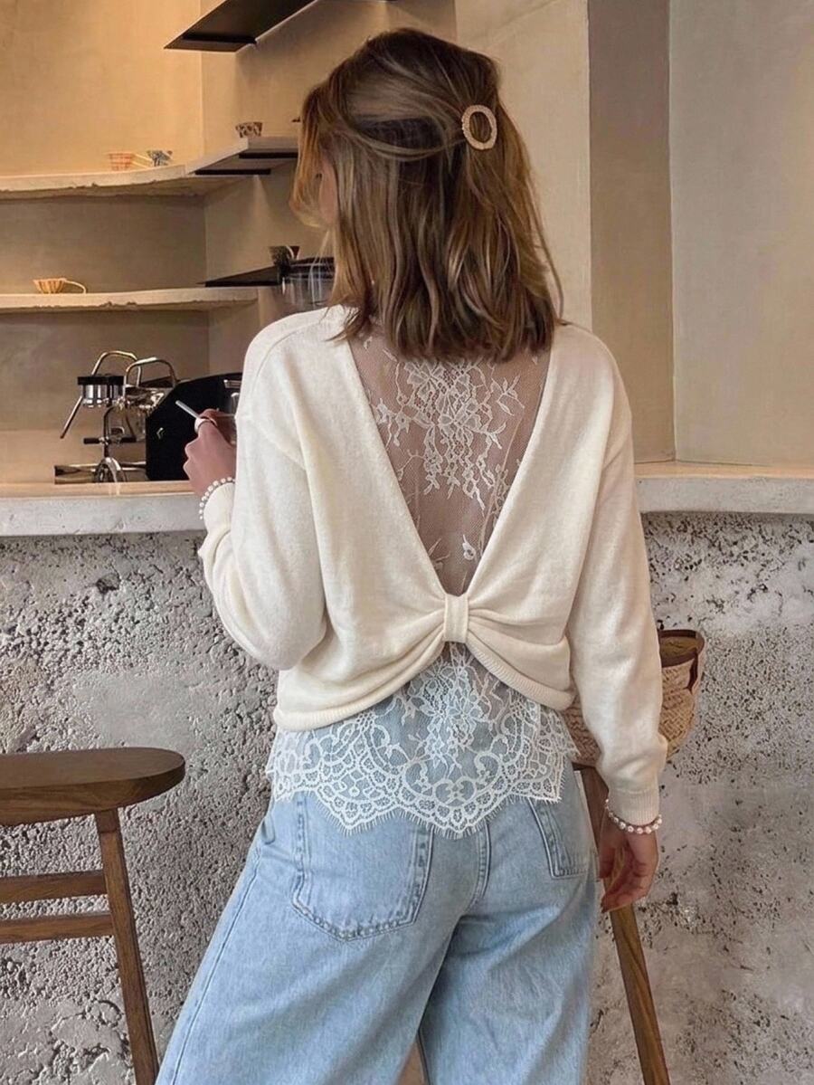Serisse Women's Elegant Lace Back Drop Shoulder Long Sleeve Sweater - Apricot - View 1