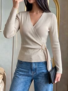 Modelyn Women's V-Neck Pleated Tie Asymmetric Buckle Waist-Cinching Sweater, Autumn/Winter - Apricot - View 4