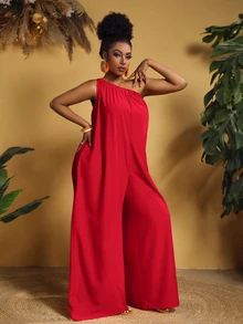 Veslaya Plus Size Women's Solid Color Asymmetrical Shoulder Pleated Casual Daily Wear Jumpsuit Wide Leg Pants - Red - View 4