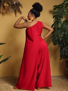 Veslaya Plus Size Women's Solid Color Asymmetrical Shoulder Pleated Casual Daily Wear Jumpsuit Wide Leg Pants - Red - View 2
