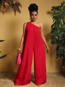 Veslaya Plus Size Women's Solid Color Asymmetrical Shoulder Pleated Casual Daily Wear Jumpsuit Wide Leg Pants - Red - View 3