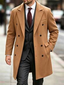 Manfinity Mode Men's Solid Color, Button-Down, Long-Sleeved Black Overcoat, Autumn/Winter Style. - Khaki - View 7