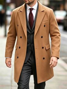 Manfinity Mode Men's Solid Color, Button-Down, Long-Sleeved Black Overcoat, Autumn/Winter Style. - Khaki - View 6