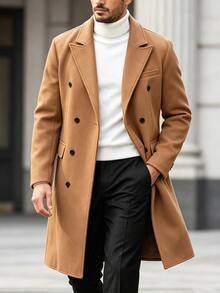 Manfinity Mode Men's Solid Color, Button-Down, Long-Sleeved Black Overcoat, Autumn/Winter Style. - Khaki - View 1