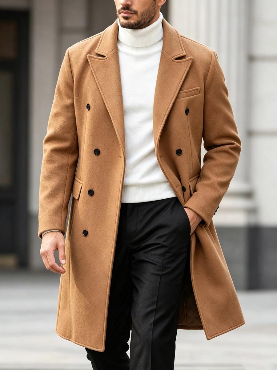 Manfinity Mode Men's Solid Color, Button-Down, Long-Sleeved Black Overcoat, Autumn/Winter Style. - Khaki - View 1