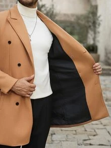 Manfinity Mode Men's Solid Color, Button-Down, Long-Sleeved Black Overcoat, Autumn/Winter Style. - Khaki - View 8