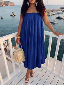 Veslaya Plus Size Solid Color Strapless Vacation Casual Dress Beach Vacation Royal Blue Summer - Blue - View 7