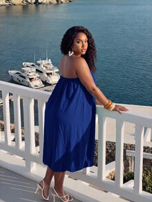 Veslaya Plus Size Solid Color Strapless Vacation Casual Dress Beach Vacation Royal Blue Summer - Blue - View 2