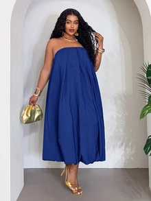 Veslaya Plus Size Solid Color Strapless Vacation Casual Dress Beach Vacation Royal Blue Summer - Blue - View 11
