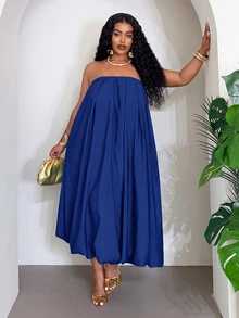 Veslaya Plus Size Solid Color Strapless Vacation Casual Dress Beach Vacation Royal Blue Summer - Blue - View 12