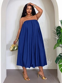 Veslaya Plus Size Solid Color Strapless Vacation Casual Dress Beach Vacation Royal Blue Summer - Blue - View 8