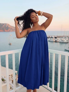 Veslaya Plus Size Solid Color Strapless Vacation Casual Dress Beach Vacation Royal Blue Summer - Blue - View 5