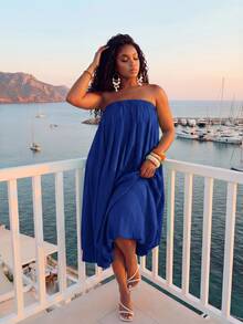 Veslaya Plus Size Solid Color Strapless Vacation Casual Dress Beach Vacation Royal Blue Summer - Blue - View 6