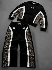 Teen Boys' Colorblock Patchwork Sweatshirt And Pants Set, Contrast Camo Panel Long Sleeve Top, Fall Winter Streetwear Tracksuit - Black - View 1