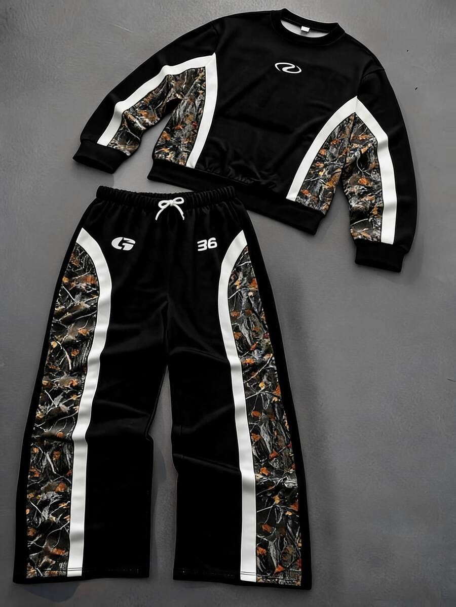 Teen Boys' Colorblock Patchwork Sweatshirt And Pants Set, Contrast Camo Panel Long Sleeve Top, Fall Winter Streetwear Tracksuit - Black - View 1