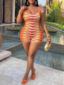 Veslaya Plus Size Women Patchwork Color Casual Everyday Romper - Multicolor - View 6