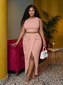 Veslaya Slayr Plus Size White Solid Slim Fit 2 Pieces Outfit 2pcs/Set - Pink - View 2