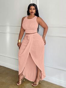 Veslaya Slayr Plus Size White Solid Slim Fit 2 Pieces Outfit 2pcs/Set - Pink - View 5