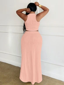 Veslaya Slayr Plus Size White Solid Slim Fit 2 Pieces Outfit 2pcs/Set - Pink - View 3